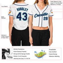 Load image into Gallery viewer, Custom Women's White Navy Gray-Aqua V-Neck Cropped Baseball Jersey