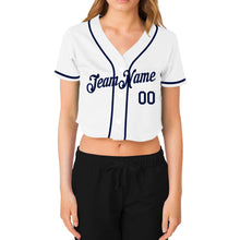 Load image into Gallery viewer, Custom Women's White Navy V-Neck Cropped Baseball Jersey