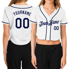 Load image into Gallery viewer, Custom Women's White Navy V-Neck Cropped Baseball Jersey