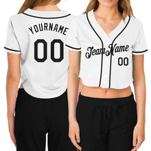 Load image into Gallery viewer, Custom Women's White Black V-Neck Cropped Baseball Jersey