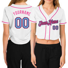 Load image into Gallery viewer, Custom Women's White Light Blue Black-Pink V-Neck Cropped Baseball Jersey