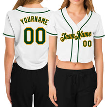 Load image into Gallery viewer, Custom Women's White Green-Gold V-Neck Cropped Baseball Jersey