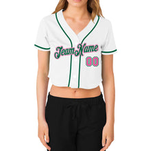 Load image into Gallery viewer, Custom Women's White Pink-Green V-Neck Cropped Baseball Jersey
