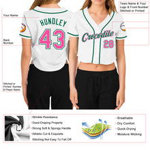 Load image into Gallery viewer, Custom Women's White Pink-Green V-Neck Cropped Baseball Jersey