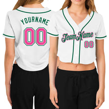 Load image into Gallery viewer, Custom Women's White Pink-Green V-Neck Cropped Baseball Jersey