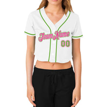 Load image into Gallery viewer, Custom Women's White Neon Green-Pink V-Neck Cropped Baseball Jersey
