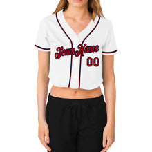 Load image into Gallery viewer, Custom Women's White Red-Navy V-Neck Cropped Baseball Jersey