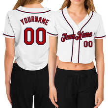 Load image into Gallery viewer, Custom Women's White Red-Navy V-Neck Cropped Baseball Jersey