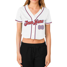 Load image into Gallery viewer, Custom Women's White Light Blue-Red V-Neck Cropped Baseball Jersey