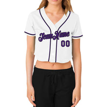 Load image into Gallery viewer, Custom Women's White Purple-Black V-Neck Cropped Baseball Jersey