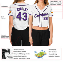 Load image into Gallery viewer, Custom Women's White Purple-Black V-Neck Cropped Baseball Jersey