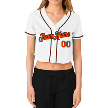 Load image into Gallery viewer, Custom Women's White Orange-Black V-Neck Cropped Baseball Jersey