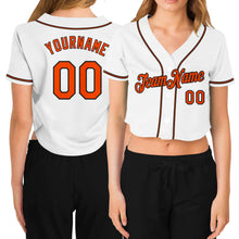 Load image into Gallery viewer, Custom Women's White Orange-Black V-Neck Cropped Baseball Jersey