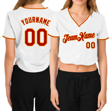 Load image into Gallery viewer, Custom Women's White Red-Gold V-Neck Cropped Baseball Jersey