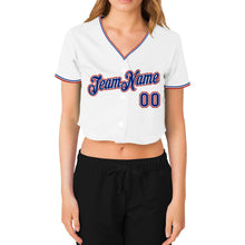 Load image into Gallery viewer, Custom Women's White Royal-Red V-Neck Cropped Baseball Jersey