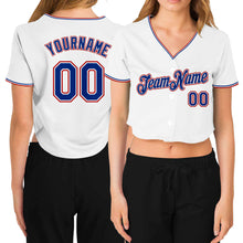 Load image into Gallery viewer, Custom Women's White Royal-Red V-Neck Cropped Baseball Jersey