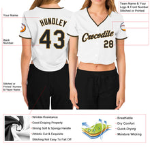 Load image into Gallery viewer, Custom Women's White Black-Old Gold V-Neck Cropped Baseball Jersey