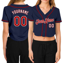 Load image into Gallery viewer, Custom Women's Navy Red-White V-Neck Cropped Baseball Jersey