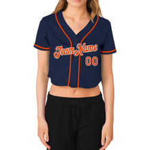 Load image into Gallery viewer, Custom Women's Navy Orange-White V-Neck Cropped Baseball Jersey