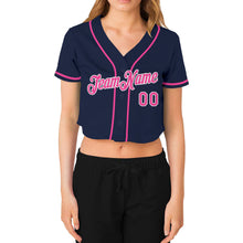 Load image into Gallery viewer, Custom Women's Navy Pink-White V-Neck Cropped Baseball Jersey