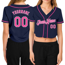 Load image into Gallery viewer, Custom Women's Navy Pink-White V-Neck Cropped Baseball Jersey