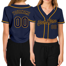 Load image into Gallery viewer, Custom Women's Navy Navy-Gold V-Neck Cropped Baseball Jersey