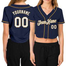 Load image into Gallery viewer, Custom Women's Navy White-Old Gold V-Neck Cropped Baseball Jersey
