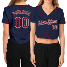 Load image into Gallery viewer, Custom Women's Navy Crimson-White V-Neck Cropped Baseball Jersey