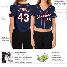 Load image into Gallery viewer, Custom Women's Navy White-Red V-Neck Cropped Baseball Jersey