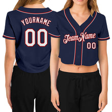 Load image into Gallery viewer, Custom Women's Navy White-Red V-Neck Cropped Baseball Jersey