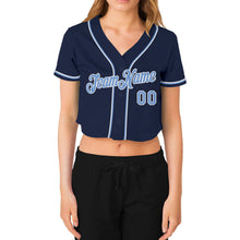 Load image into Gallery viewer, Custom Women's Navy Light Blue-White V-Neck Cropped Baseball Jersey
