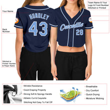Load image into Gallery viewer, Custom Women's Navy Light Blue-White V-Neck Cropped Baseball Jersey