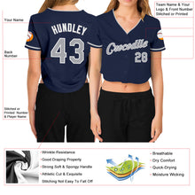 Load image into Gallery viewer, Custom Women's Navy Gray-White V-Neck Cropped Baseball Jersey