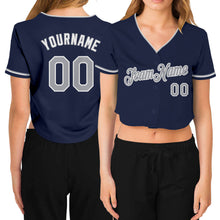 Load image into Gallery viewer, Custom Women's Navy Gray-White V-Neck Cropped Baseball Jersey