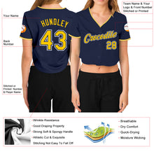 Load image into Gallery viewer, Custom Women's Navy Gold-White V-Neck Cropped Baseball Jersey