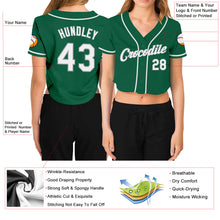 Load image into Gallery viewer, Custom Women's Kelly Green White-Gray V-Neck Cropped Baseball Jersey