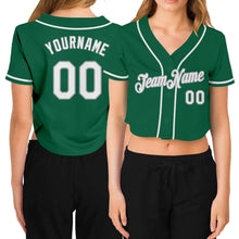 Load image into Gallery viewer, Custom Women's Kelly Green White-Gray V-Neck Cropped Baseball Jersey