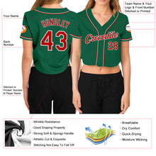 Load image into Gallery viewer, Custom Women's Kelly Green Red-White V-Neck Cropped Baseball Jersey