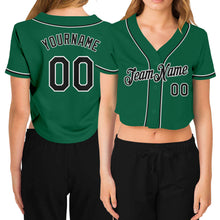 Load image into Gallery viewer, Custom Women's Kelly Green Black-White V-Neck Cropped Baseball Jersey