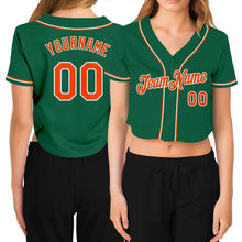 Load image into Gallery viewer, Custom Women's Kelly Green Orange-White V-Neck Cropped Baseball Jersey