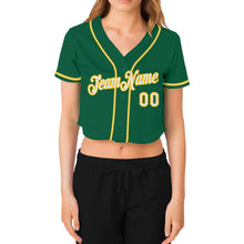 Load image into Gallery viewer, Custom Women's Kelly Green White-Gold V-Neck Cropped Baseball Jersey