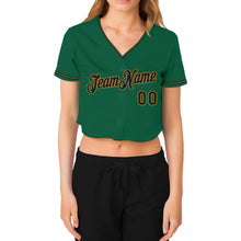 Load image into Gallery viewer, Custom Women's Kelly Green Black-Old Gold V-Neck Cropped Baseball Jersey