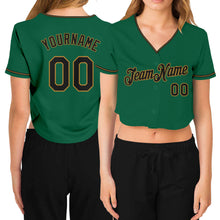 Load image into Gallery viewer, Custom Women's Kelly Green Black-Old Gold V-Neck Cropped Baseball Jersey