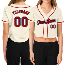 Load image into Gallery viewer, Custom Women's Cream Red-Navy V-Neck Cropped Baseball Jersey