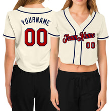 Load image into Gallery viewer, Custom Women's Cream Red-Navy V-Neck Cropped Baseball Jersey