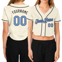 Load image into Gallery viewer, Custom Women's Cream Light Blue-Steel Gray V-Neck Cropped Baseball Jersey