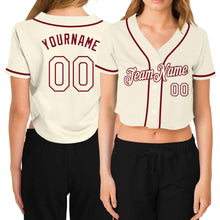 Load image into Gallery viewer, Custom Women's Cream Cream-Crimson V-Neck Cropped Baseball Jersey