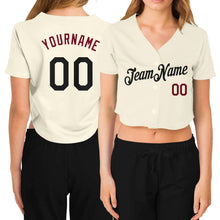Load image into Gallery viewer, Custom Women's Cream Black-Crimson V-Neck Cropped Baseball Jersey