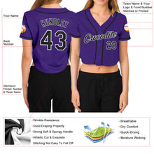 Load image into Gallery viewer, Custom Women's Purple Black-White V-Neck Cropped Baseball Jersey