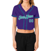 Load image into Gallery viewer, Custom Women's Purple Aqua-White V-Neck Cropped Baseball Jersey